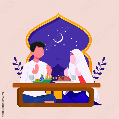 Islamic couple iftar eating After fasting. Moslem family dinner on Ramadan Kareem. Colored flat vector illustration.