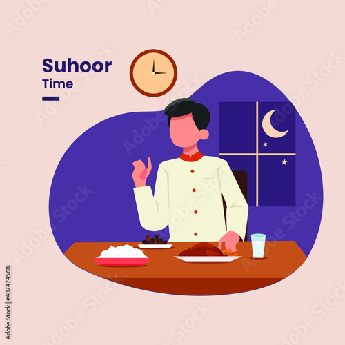 Young man eating at early morning for fasting. Suhoor Time in Ramadan vector illustration. 