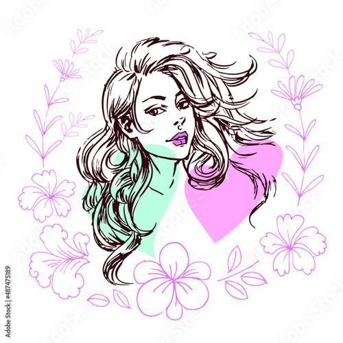 Vector portrait of a beautiful woman on the background of floral ornament