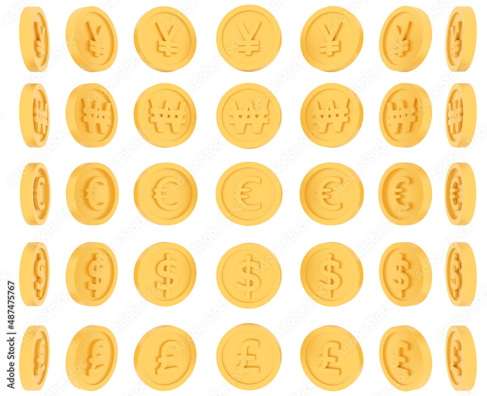3D Rendering set of spinning gold coins in many views rotate in different angles with currency won, pound, dollar, yuan, and euro isolated on white background. 3D Render. 3d illustration. 3D Rendering set of spinning gold coins in many views rotate in different angles with currency won, pound, dollar, yuan, and euro isolated on white background. 3D Render. 3d illustration.