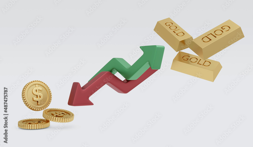 3d Rendering pointing down of graph of dollar and rise up of graph of ...