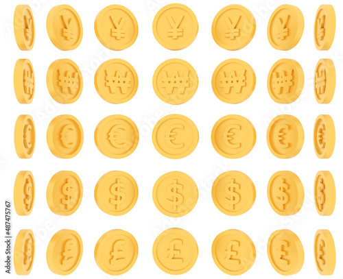 3D Rendering set of spinning gold coins in many views rotate in different angles with currency won, pound, dollar, yuan, and euro isolated on white background. 3D Render. 3d illustration.