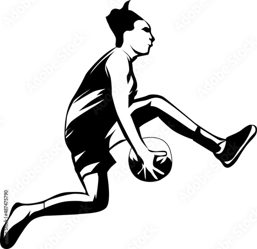 a silhouette illustration of a freestyle slam dunk woman, white background.