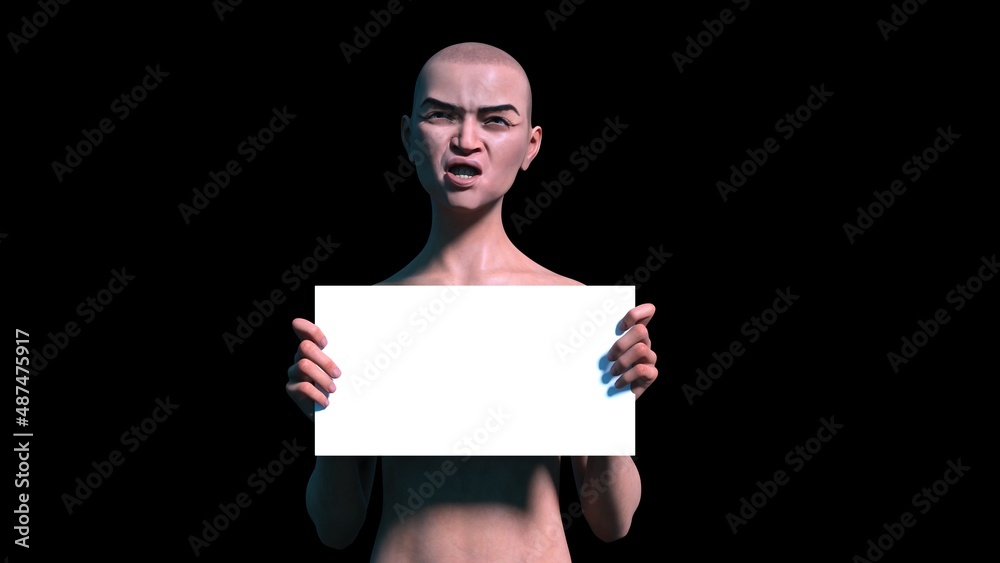 female character with face protection mask and hair expression holding sign, 3d illustration