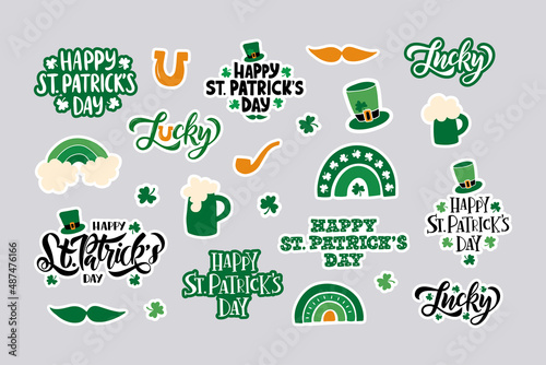 Saint Patrick's day holiday stickers. Hand drawn celebration lettering quote with shamrock, rainbow, hat vector illustration. Symbol Irish beer festival. Lucky saying.