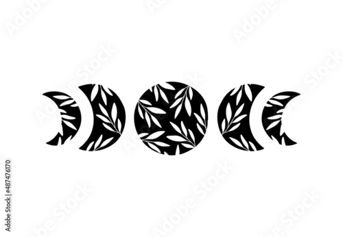Moon phases vector illustration. Boho floral moon poster. Celestial t shirt print. Contemporary art with luna silhouette, leaves on white background. For cards, modern logo.