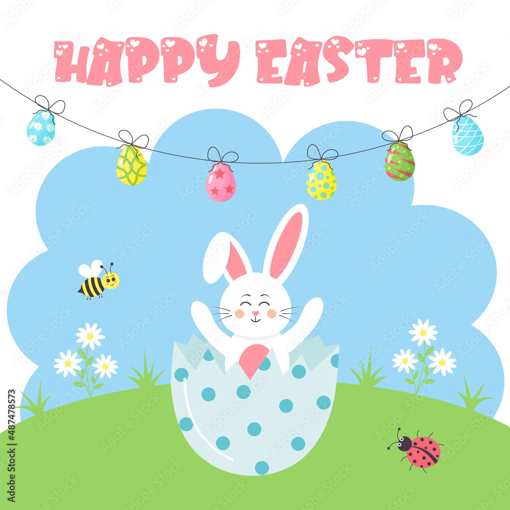 Easter bunny sitting in the egg shell on the meadow. Painted eggs are hanging on the rope. Cartoon bee, ladybug and daisies. Happy Easter postcard. Easter bunny sitting in the egg shell on the meadow. Painted eggs are hanging on the rope. Cartoon bee, ladybug and daisies. Happy Easter postcard.