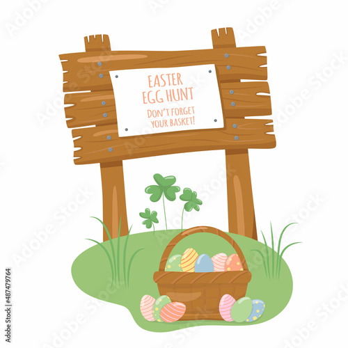 Wooden sign board with texture in cartoon style - invitation for Easter egg hunt. Vector stock illustration isolated on white background for information post. 