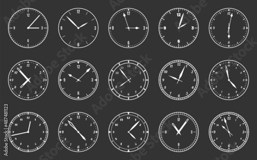 Dial clock face watch time circle black line set. Modern wall wrist clock classic bezel arabic numeral minute second hand template management office deadline time measurement mockup isolated on black