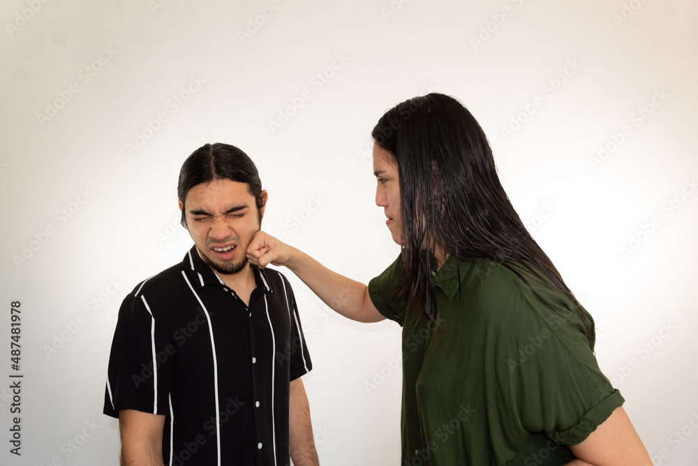 married couple fighting on a white background