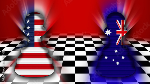 Australia and United States of America Flag - Chessboard and Pawn Concept – 3D Illustration