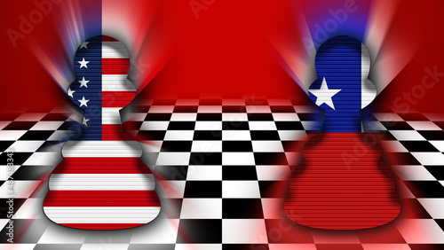 Chile and United States of America Flag - Chessboard and Pawn Concept – 3D Illustration