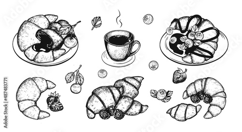 croissants with berries on white background sketch.set of croissants drawing hand vector. croissants doodles vector.  chocolate croissant vector