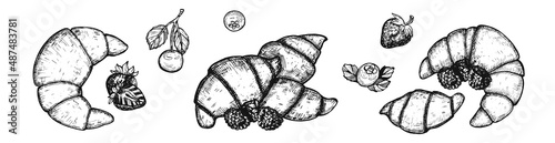 croissants with berries on white background sketch.set of croissants drawing hand vector. croissants doodles vector