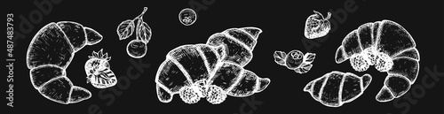 croissants with berries on black background sketch.set of croissants drawing hand vector. croissants doodles vector