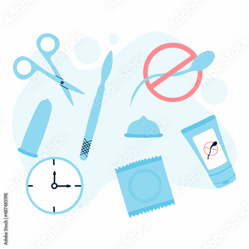  Types of contraception. Male contraceptives. Condom and lubricant. Vector illustration in a flat style. Poster with contraception. World Contraception Day.