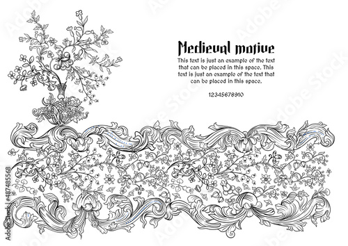Floral vintage Medieval illuminati manuscript inspiration. Romanesque style. Template for greeting card, banner, gift voucher, label. Outline vector illustration.