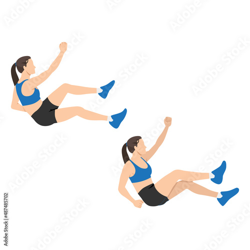 Woman doing Rope climb crunches exercise. Flat vector illustration isolated on white background