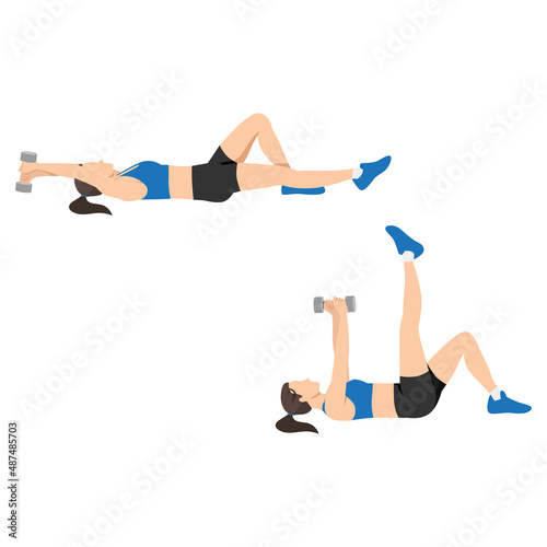 Woman doing Dumbbell pullover leg raise exercise. Flat vector illustration isolated on white background