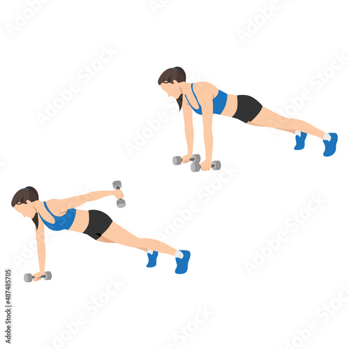 Woman doing Plank straight arm kickback exercise. Flat vector illustration isolated on white background