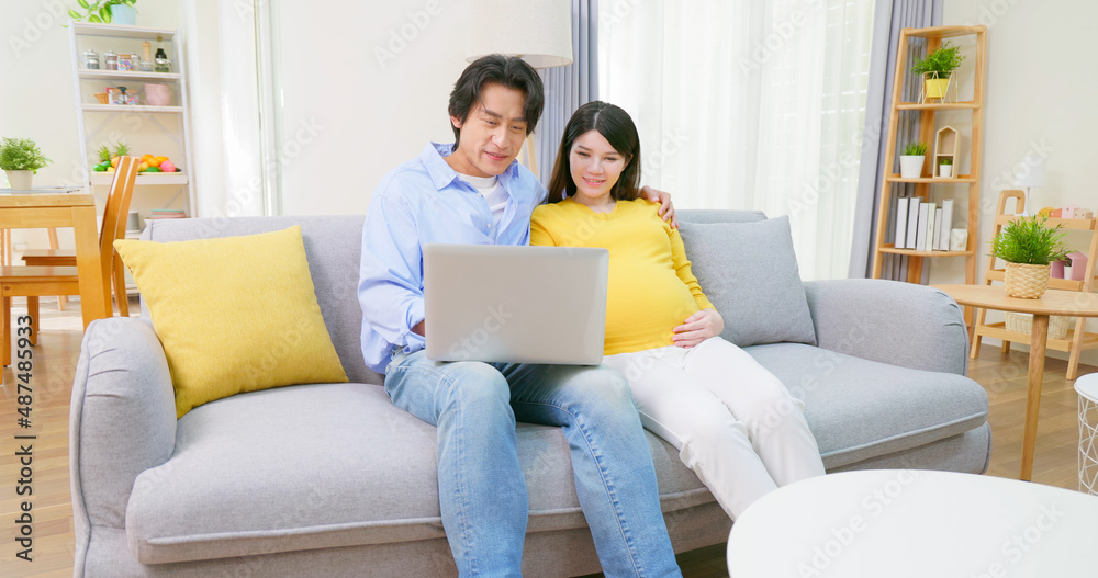 asian pregnant couple use computer