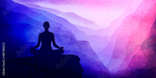 Silhouette of a women in the lotus position and space, meditation, yoga background