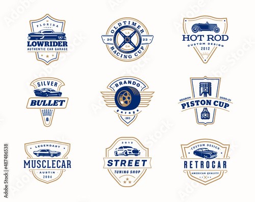 Set of logo templates. Vintage style vector illustration element for retro design label. Suitable for garage, shops, tires, car wash, car restoration, repair and racing.