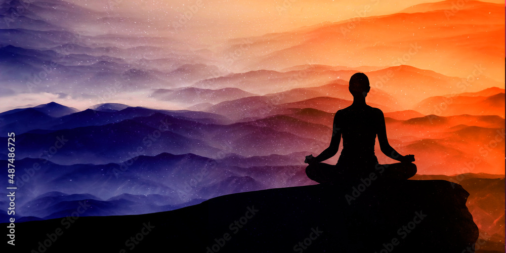 Woman in meditation at beautiful sunset or sunrise background on high mountain. Spiritual. Mystical. Tranquil landscape. Mountain landscape. 