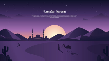 Leinwandbilder Aubergine landscape Illustration of Ramadan kareem with desert and mosque silhouette  © Alimudin Yusup