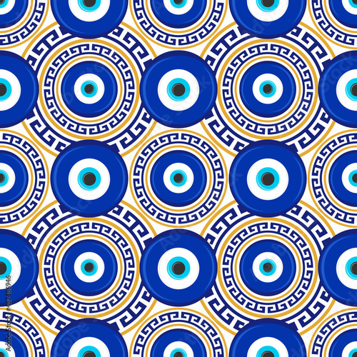 Evil eye seamless pattern. Symbol of protection in Turkey and Greece. Background with blue nazar talismans. Blue bead vector amulet.