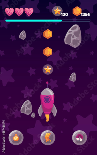 Space rocket shooting meteor user interface design game asset of kids children game