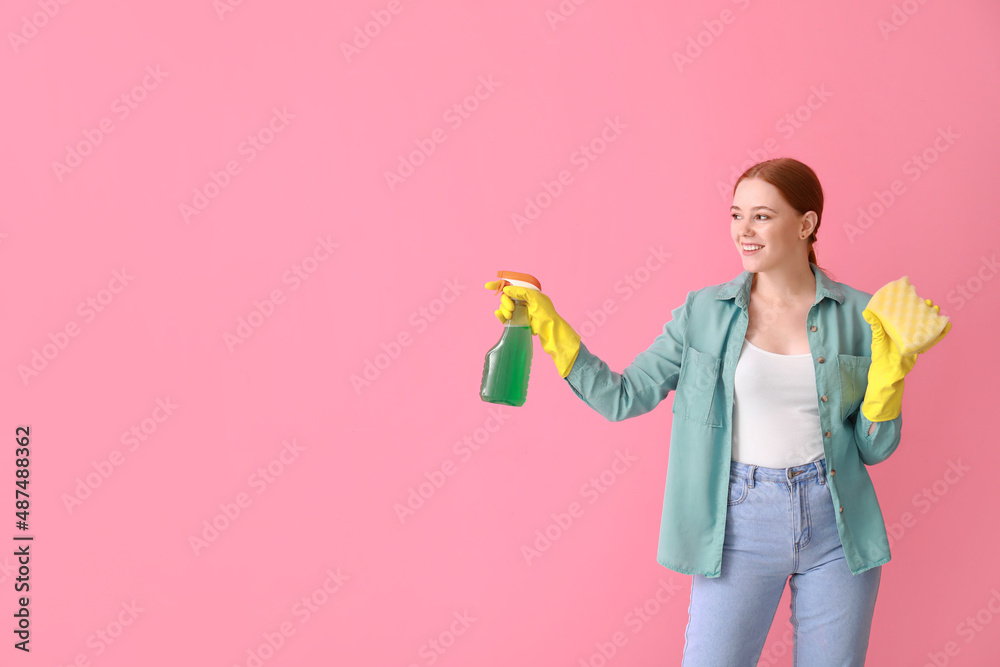 Young woman with sponge and detergent on color background Young woman with sponge and detergent on color background
