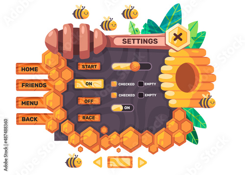 Game set user interface of honey bee setting menu window mobile application design graphic