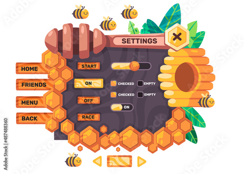 Game set user interface of honey bee setting menu window mobile application design graphic