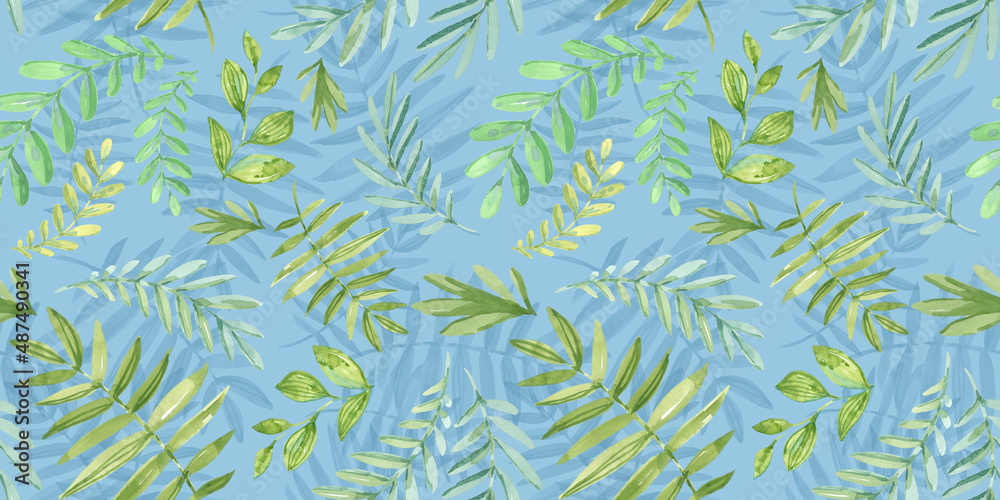 Spring Seamless Pattern. Floral elements in doodle style. Green background. Watercolor tropical green leaves. Wedding Patterns with leaf Spring Seamless Pattern. Floral elements in doodle style. Green background. Watercolor tropical green leaves. Wedding Patterns with leaf