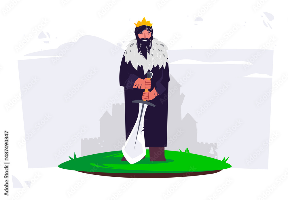 vector illustration of the king face of a bearded man with a fighting sword