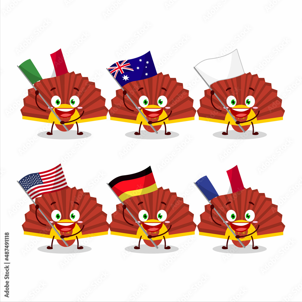 Red chinese fan cartoon character bring the flags of various countries