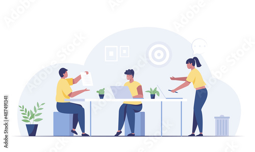 Young business people team. vector illustration banner. planning project marketing strategy concept.