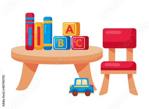 kindergarten table with books