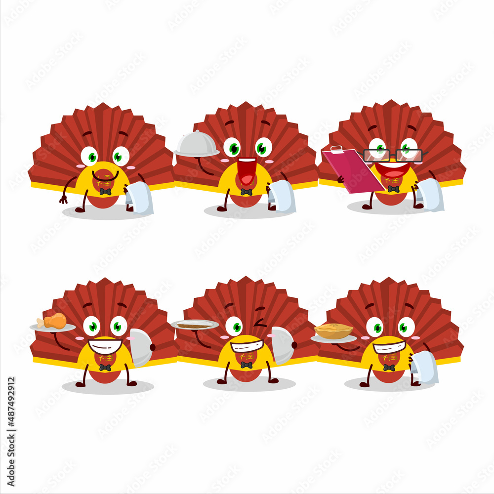 Obraz premium happy red chinese fan waiter cartoon character holding a plate