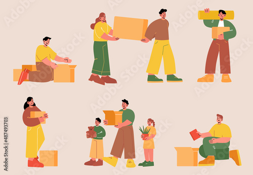 Family move to new house and packing home stuff. Vector flat illustrations of happy people and kids carry cardboard boxes. Concept of relocation, moving, delivery and package