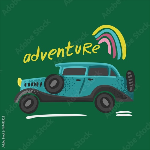 Blue retro car rides on the road with rainbow isolated on green. Vintage cute car for decor of children s rooms  cards  posters  sticker. Banner concept of a good trip. Cartoon vector illustration