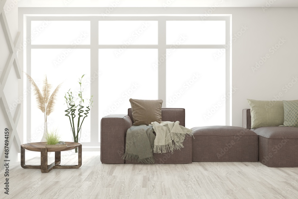 Fototapeta premium White living room with sofa. Scandinavian interior design. 3D illustration