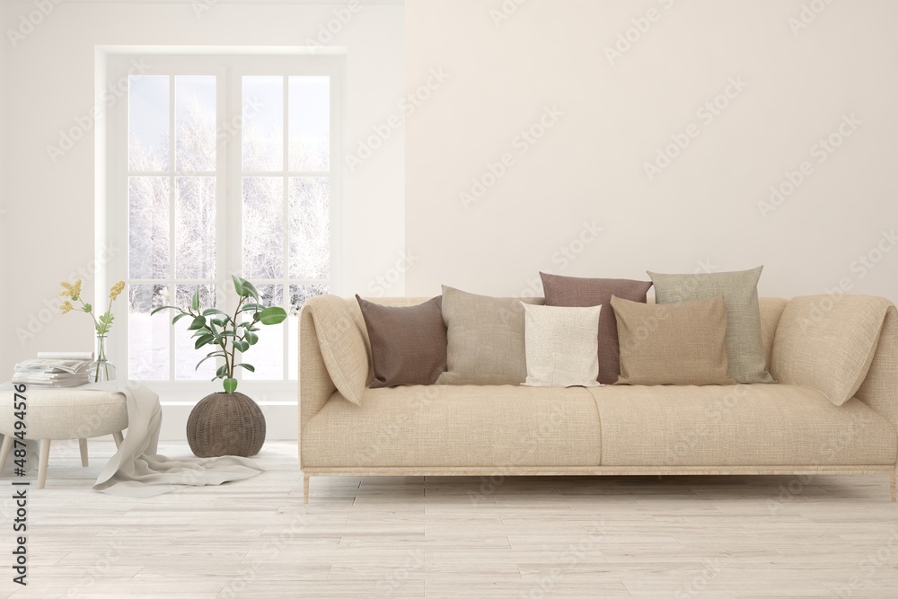 Fototapeta premium White living room with sofa and winter landscape in window. Scandinavian interior design. 3D illustration