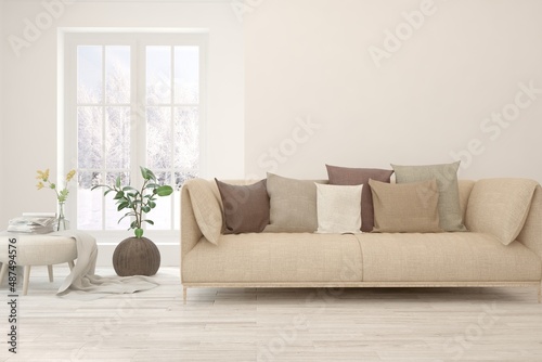 White living room with sofa and winter landscape in window. Scandinavian interior design. 3D illustration