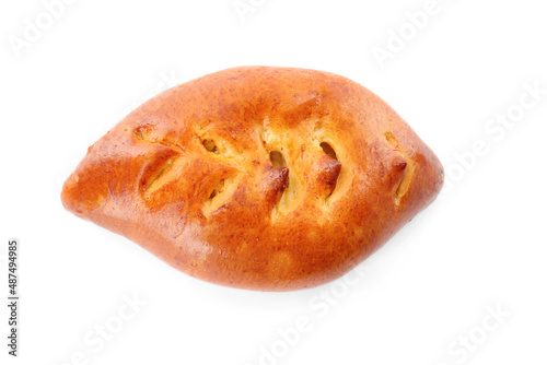 One delicious baked patty on white background, top view photo