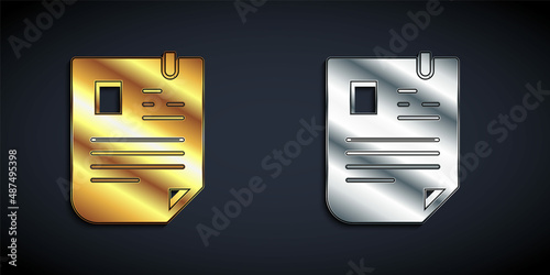 Gold and silver Resume icon isolated on black background. CV application. Searching professional staff. Analyzing personnel resume. Long shadow style. Vector