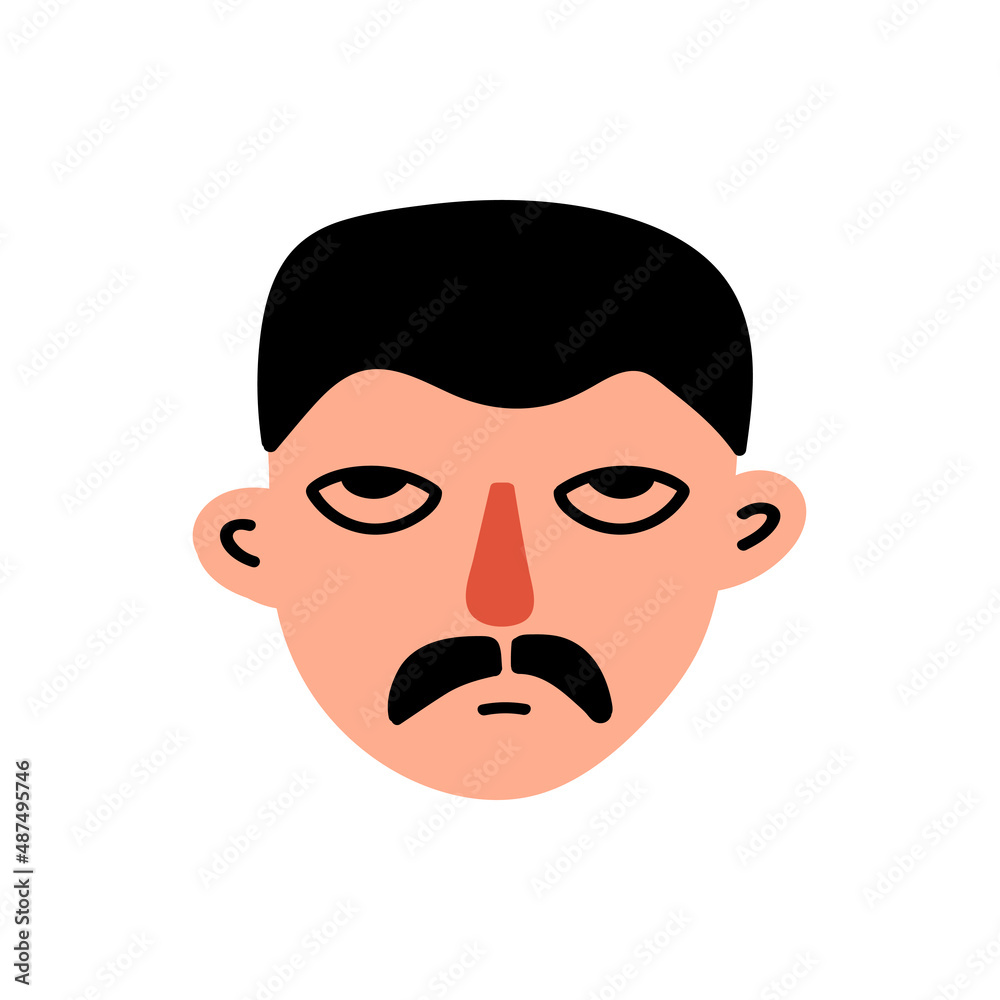 Character face adult serious man with mustache  isolated on white background. Trendy funny cartoon man head. Colorful people avatar. Vector illustration	
