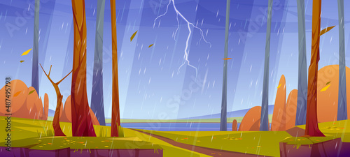 Forest landscape with thunderstorm. Autumn scene with lake, path and trees with orange leaves in rain. Vector cartoon illustration of fall woods, lake and lightning in sky