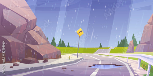 Car road, rocks and green fields in rain. Vector cartoon illustration of summer landscape with mountains, meadows, coniferous trees on horizon and asphalt highway with puddle at rainy weather